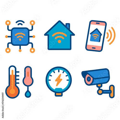 Smart Living flat icons: IoT hub, smart home icon, mobile controller, voice command, temperature gauge, energy meter, security camera, connected devices. , , High resolution, sharp