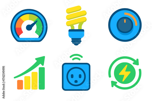 Power Efficiency flat icons: power gauge, efficient bulb, control dial, graph indicator, smart outlet, renewable icon. , , High resolution, sharp vector-like appearance, ideal for