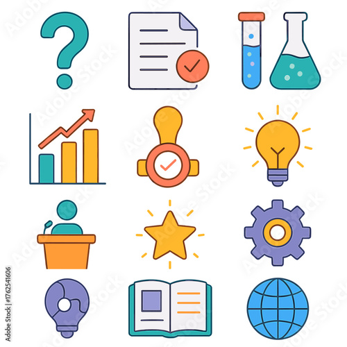 Innovation Cycle flat icons: question mark, hypothesis sheet, lab test tube, experiment flask, data graph, peer review stamp, innovation bulb, prototype gear, conference podium,