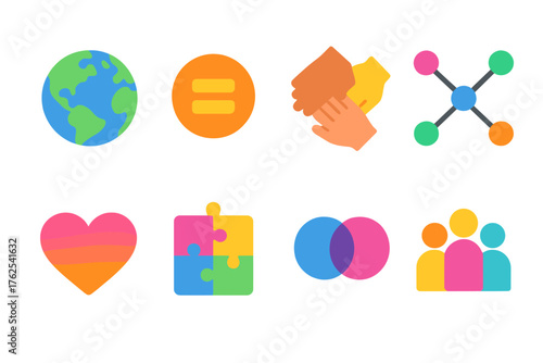 Intersectionality flat isometric set: globe, equality, hands, connected dots, heart, puzzle, overlap circles, group.