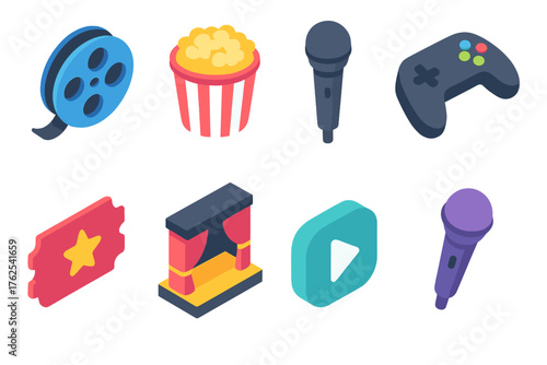 Entertainment flat isometric set: film reel, popcorn, microphone, game controller, ticket, stage, star, play button.