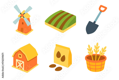 Agriculture & Farming flat isometric set: windmill, field rows, shovel, barn icon, seeds, crop basket.