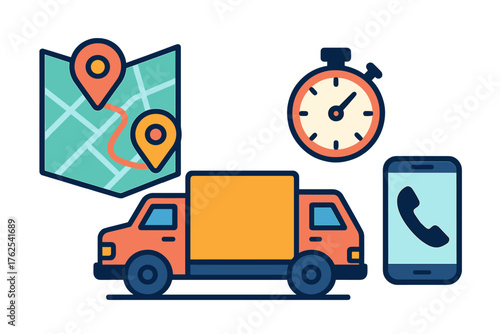 Dispatch flat icons: route map, delivery truck, stopwatch, phone