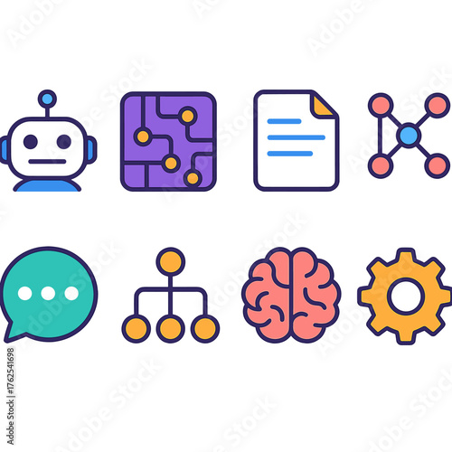 Machine Understanding flat icons: robot, circuit board, document, neural network, chat bubble, data nodes, brain, gear.