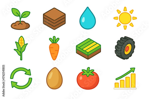 Crop Rotation flat isometric set: plant sprout, soil layers, water droplet, sun icon, corn stalk, carrot root, field plot, tractor wheel, circular arrows, seed icon, tomato, growth