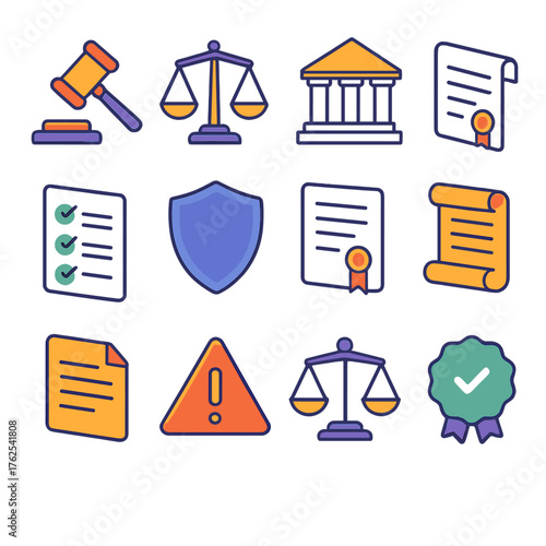 Regulations flat isometric set: gavel, scales, courthouse, law paper, checklist, shield, certificate, scroll, policy document, warning triangle, balance icon, approval seal.