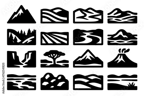 Landscape Icons silhouette set: mountain peak, rolling hills, desert dunes, coastal cliffs, forest valley, open field, river bend, island view, canyon walls, savanna plain, snowy