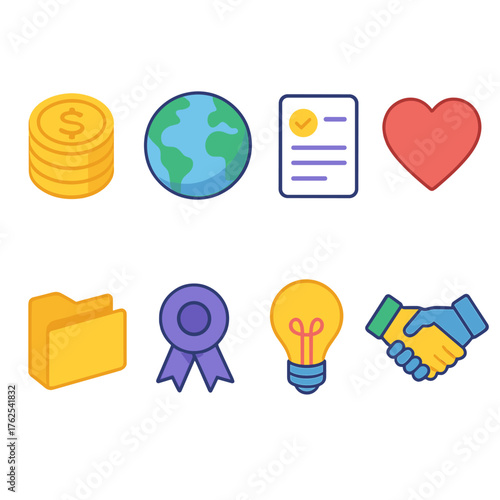 Philanthropy flat isometric set: coin stack, globe, document, heart, folder, ribbon, lightbulb, handshake.
