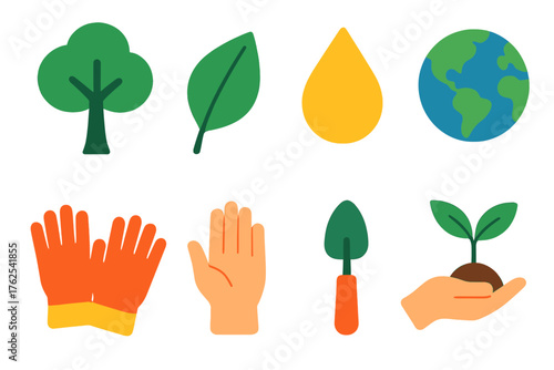 Environmental Volunteering flat icons: tree, leaf, shovel, gloves, droplet, globe, plant sprout, hand.