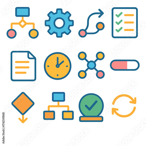 Workflows flat icons: flowchart, gear icon, arrow path, checklist, document, clock, connection nodes, progress bar, decision diamond, data flow, approval stamp, repeat arrows.