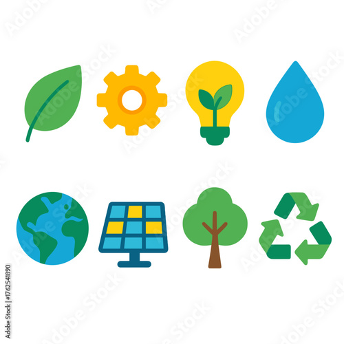 Eco Solutions flat icons: leaf, gear, lightbulb, water droplet, globe, solar panel, tree, recycle arrows.