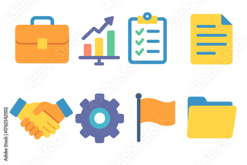 Corporate Compliance flat icons: briefcase, chart, checklist, document, handshake, gear, flag, folder.