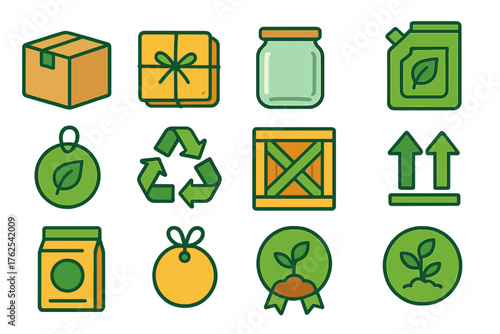 Sustainable Packaging Collection flat icons: cardboard box, paper wrap, glass jar, refill pouch, eco label, recycling sign, shipping crate, delivery arrows, packaging design,