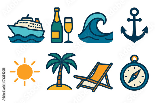 Luxury Cruises flat icons: cruise ship, champagne, wave, anchor, sun, palm tree, deck chair, compass.