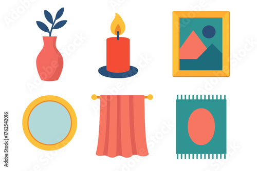 Decorative living room flat icons: vase, candle, picture frame, mirror, curtain, carpet.