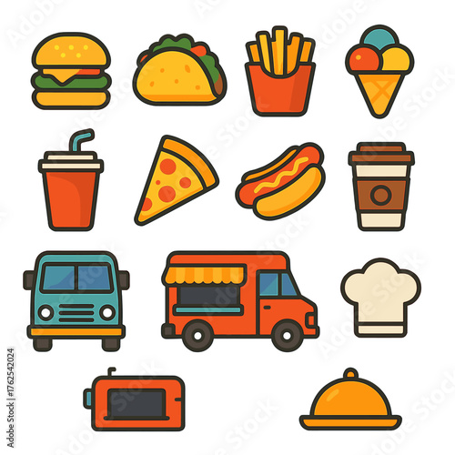 Food Trucks flat icons: burger, taco, fries, ice cream, soda cup, pizza, hot dog, coffee cup, truck front, open window, chef hat, serving tray.