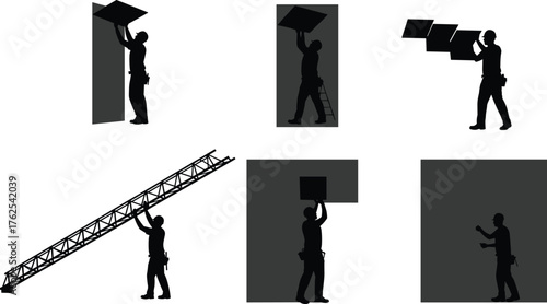 Cabinet assembly illustration, construction worker, power drill, screwdriver use, wall cabinet, safety helmet, carpentry process, furniture installation, repair work, training skills