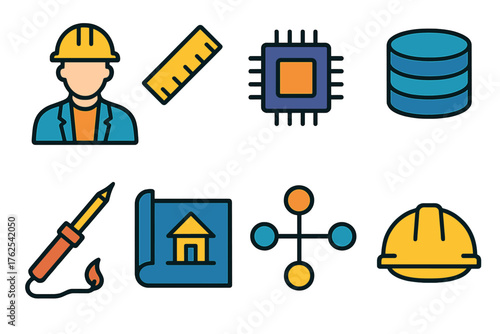 Technical Professions flat icons: architect, ruler, computer chip, database, soldering iron, blueprint, network nodes, hard hat.