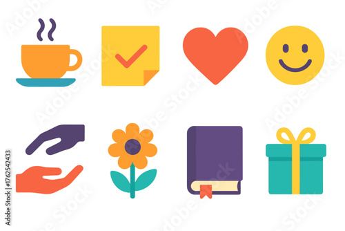 Everyday Kindness flat icons: coffee cup, note, heart, smile, helping hand, flower, book, gift.