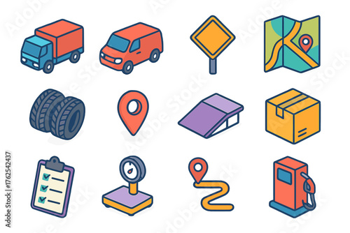 Ground Freight & Delivery flat isometric set: truck, van, road sign, highway map, tire tracks, GPS location, loading ramp, package box, clipboard checklist, weigh station, delivery