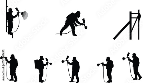 Cabinet assembly illustration, construction worker, power drill, screwdriver use, wall cabinet, safety helmet, carpentry process, furniture installation, repair work, training skills