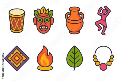 Local Traditions flat isometric set: drum, mask, pottery, dance figure, fabric pattern, fire, leaf, necklace.