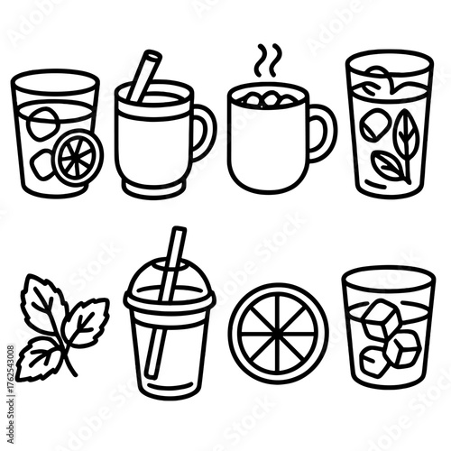 Seasonal Sips outline icon set: iced lemonade, spiced cider, hot cocoa, chilled tea, mint sprig, straw cup, citrus slice, glass with ice.
