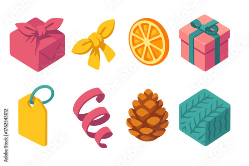 Creative Wrapping flat isometric set: fabric wrap, tied knot, dried orange slice, gift box, tag card, ribbon curl, pinecone, cozy texture.