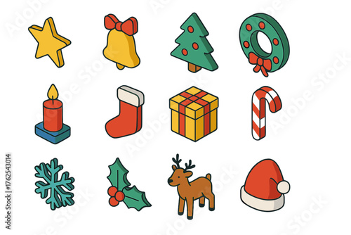 Christmas Symbols Traditional Festive Set flat isometric set: star, bell, tree, wreath, candle, stocking, gift box, candy cane, snowflake, holly, reindeer, Santa hat.