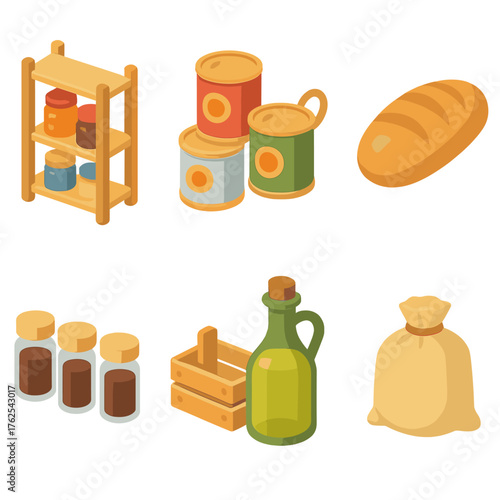 Pantry set icons in modern isometric flat vector style: shelves with jars, canned food, basket, bread loaf, spice jars, crate, olive oil bottle, sack of flour.