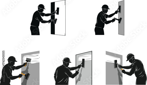 Cabinet assembly illustration, construction worker, power drill, screwdriver use, wall cabinet, safety helmet, carpentry process, furniture installation, repair work, training skills