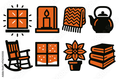 Holiday Warmth — Peaceful home silhouette set: glowing window, candlelight on sill, knitted throw, tea kettle, rocking chair, snowy view, potted poinsettia, book stack.