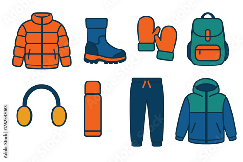 Casual Winter Wear — Outdoor essentials flat icons: down jacket, snow boots, mittens, backpack, earmuffs, thermos, fleece pants, windbreaker.