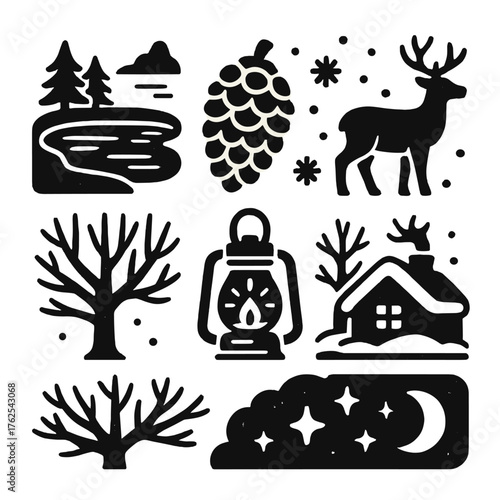 Winter Joy — Peaceful nature silhouette set: frozen lake, pinecone, snowfall, deer silhouette, bare tree, lantern light, snowy cabin, moonlit sky.
