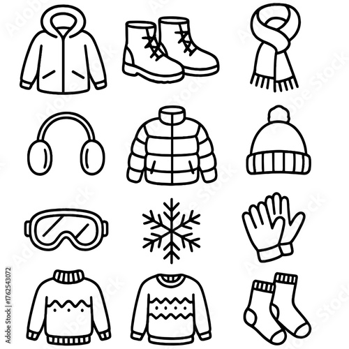 Snow Day Looks outline icon set: parka, snow boots, scarf, mittens, earmuffs, puffer jacket, beanie, gloves, snowflake, ski goggles, sweater, socks.