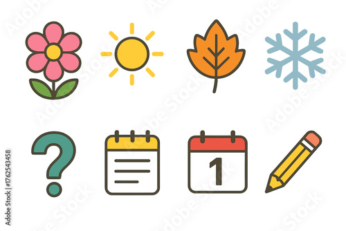 Seasonal Test flat icons: spring flower, bright sun, fall leaf, frosty snow, question symbol, notepad, calendar page, pencil.