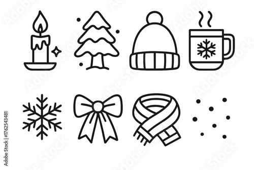 Winter Charm outline icon set: candlelight, snow-covered pine, wool hat, steaming drink, glittering ice crystal, festive ribbon, scarf, gentle snowfall.