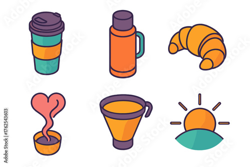Coffee Rituals flat isometric set: travel mug, thermos, croissant, steam heart, reusable filter, morning sun.