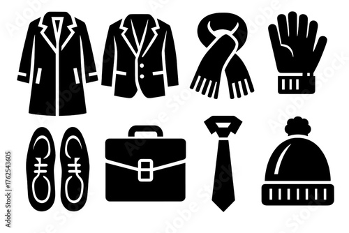 Winter Business silhouette set: long coat, blazer, scarf, gloves, polished shoes, briefcase, tie, wool hat.