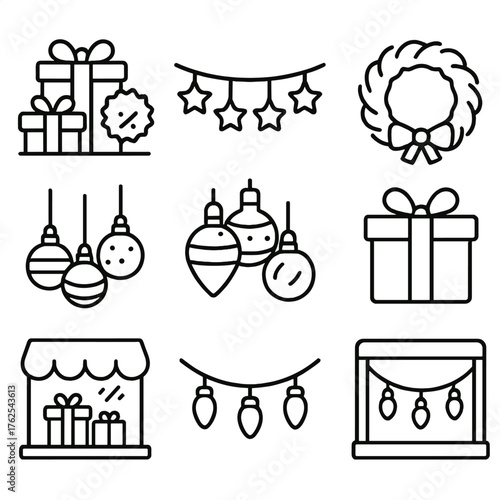 Holiday Merchandising outline icon set: gift display, sale sticker, star garland, wreath, ribbon wrap, ornaments, store window, festive lighting.