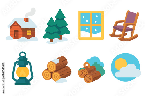 Seasonal Warmth Winter Retreat flat isometric set: cabin in woods, smoke from chimney, pine trees, snow outside window, rocking chair, lantern light, log pile, peaceful sky.
