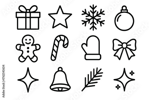 Holiday Surprises outline icon set: gift box, ribbon, star, snowflake, ornament, cookie, candy cane, mitten, bow, sparkle, bell, pine branch.