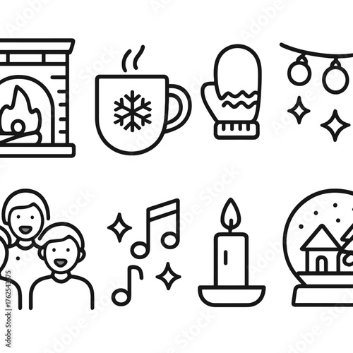 Holiday Mood outline icon set: fireplace, hot drink, mittens, twinkling lights, cheerful crowd, festive music notes, candlelight, snow globe.