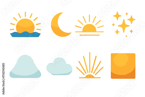 Winter Solstice Light Celestial Glow flat isometric set: rising sun, crescent moon, glowing horizon, star cluster, snowy hill, soft cloud, light rays, golden sky.