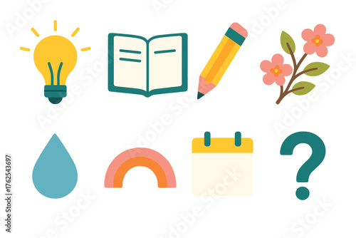 Spring Quiz — Fresh ideas flat icons: light bulb, open notebook, pencil, blooming branch, raindrop, rainbow arc, calendar page, question icon.