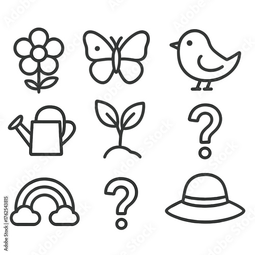 Spring Quiz — Nature trivia outline icon set: blooming flower, butterfly, leaf sprout, bird, watering can, rainbow, question mark, garden hat.