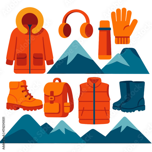 Cozy Layers Outdoor Warmth flat icons: parka jacket, earmuffs, thermos flask, gloves, snow boots, backpack, puffer vest, mountain backdrop.