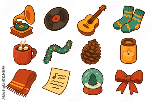 Winter Music Rustic Warmth flat isometric set: gramophone, vinyl record, acoustic guitar, wool socks, cocoa mug, tinsel garland, pinecone, candle jar, cozy scarf, handwritten