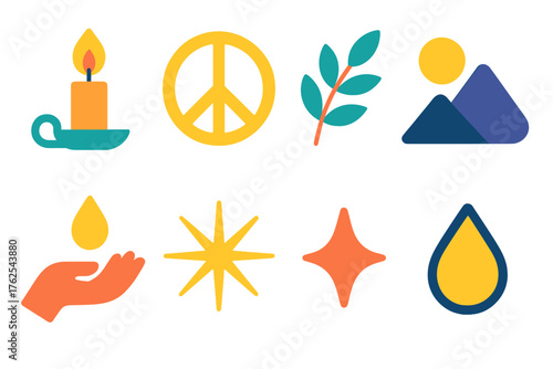 Candlelight Peace flat icons: candle on holder, peace symbol, leaf sprig, mountain horizon, moonlight, open palm, starburst, drop of light.