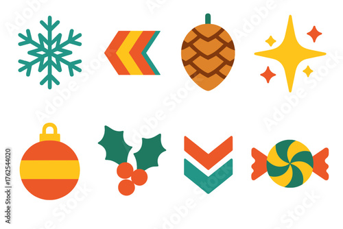 Festive Patterns flat icons: geometric snowflakes, striped ribbons, pine cones, sparkling stars, baubles, holly, chevron lines, candy motifs.